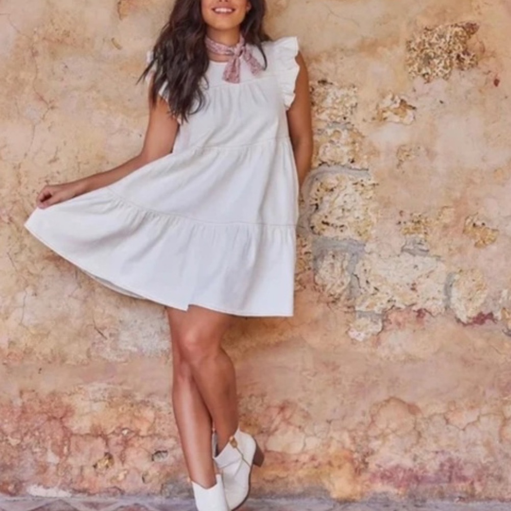 Altar'd State White Ruffled Sleeve Tiered Mini Dress